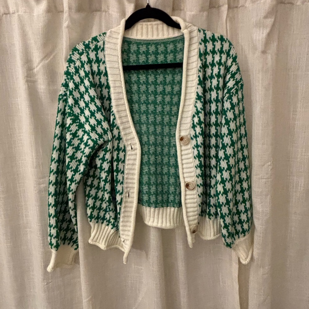 Green and White Houndstooth Cardigan Sweater